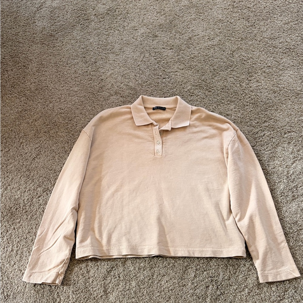 Zara Beige Long Sleeve Polo Top